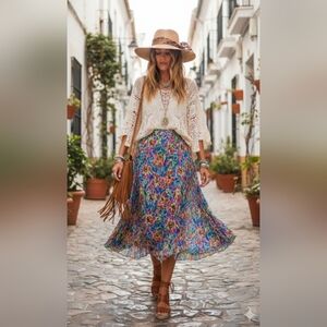 Violet Sky Summer Blue and Yellow Maxi A-Line Skirt Resort Wear
